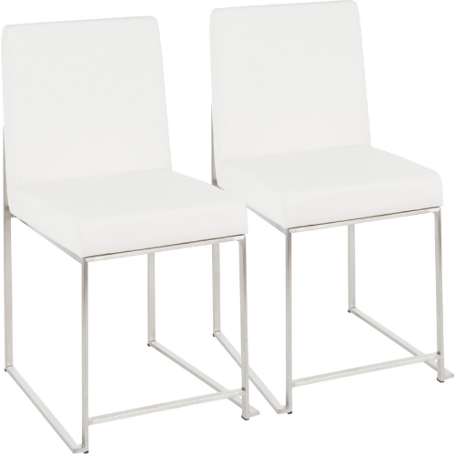 High Back Fuji Dining Chair in White Leatherette & Brushed Stainless (Set of 2)